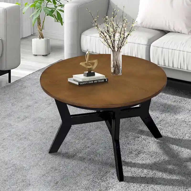32inch Wood Round Coffee Table for Living Room,Mid Century Farmhouse Circle Wooden Coffee Tables for Apartment, Easy Assembly