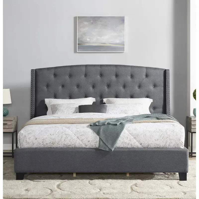 Lit plate-forme rembourré en polyester avec tête de lit capitonnée à oreilles