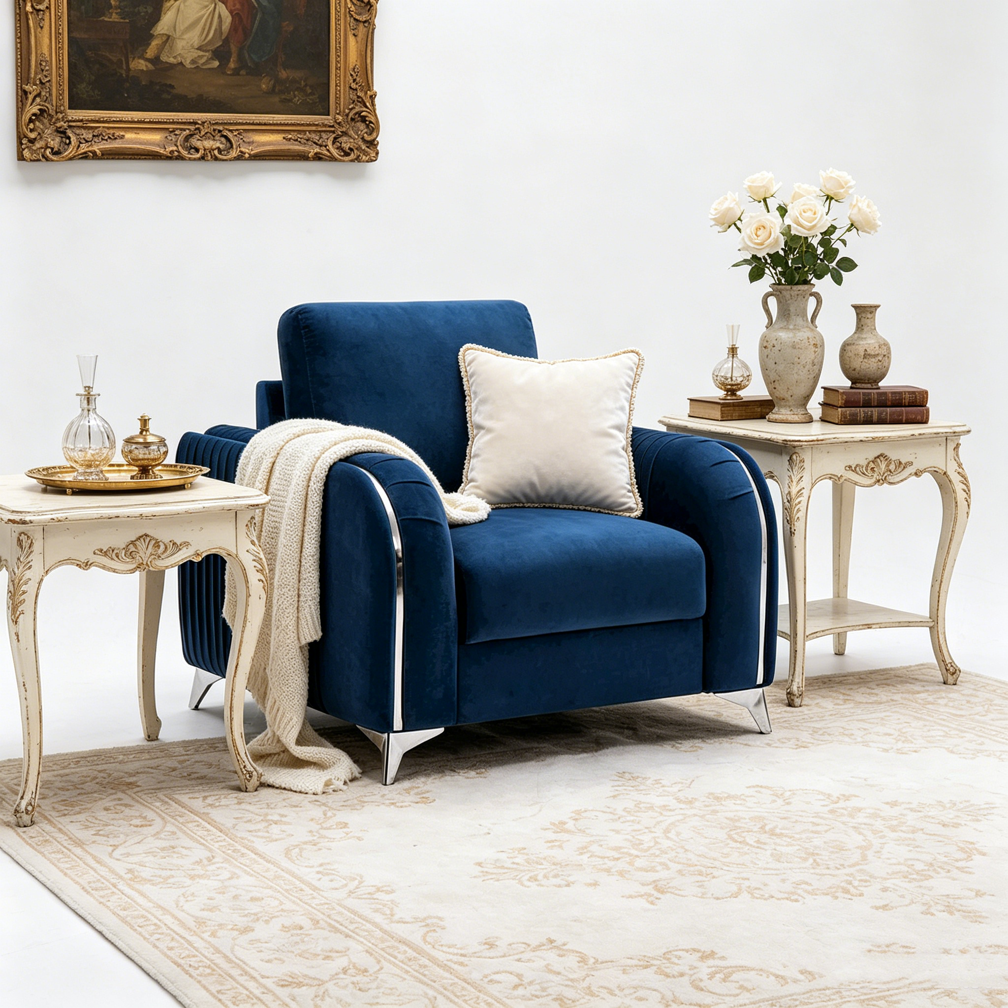 Chaise longue rembourrée en velours bleu