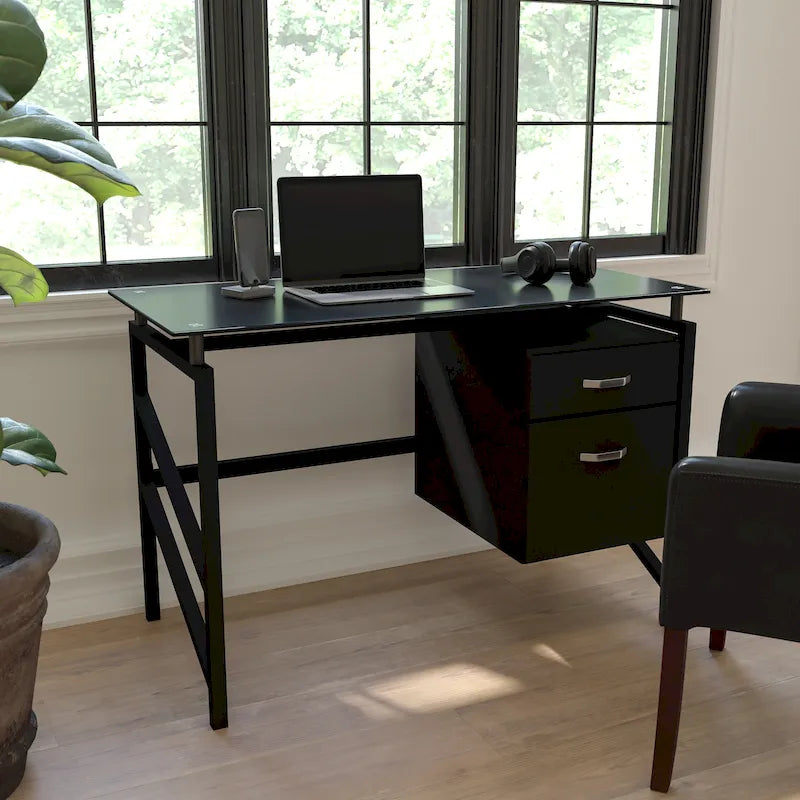 Bureau piédestal à deux tiroirs avec plateau en verre trempé et cadre en métal
