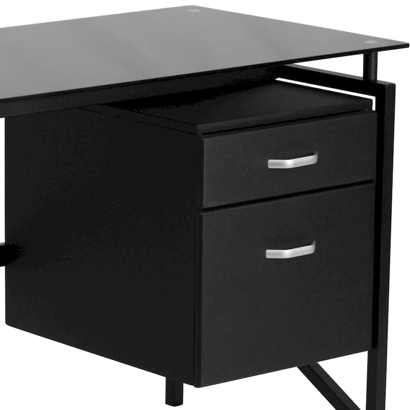Bureau piédestal à deux tiroirs avec plateau en verre trempé et cadre en métal