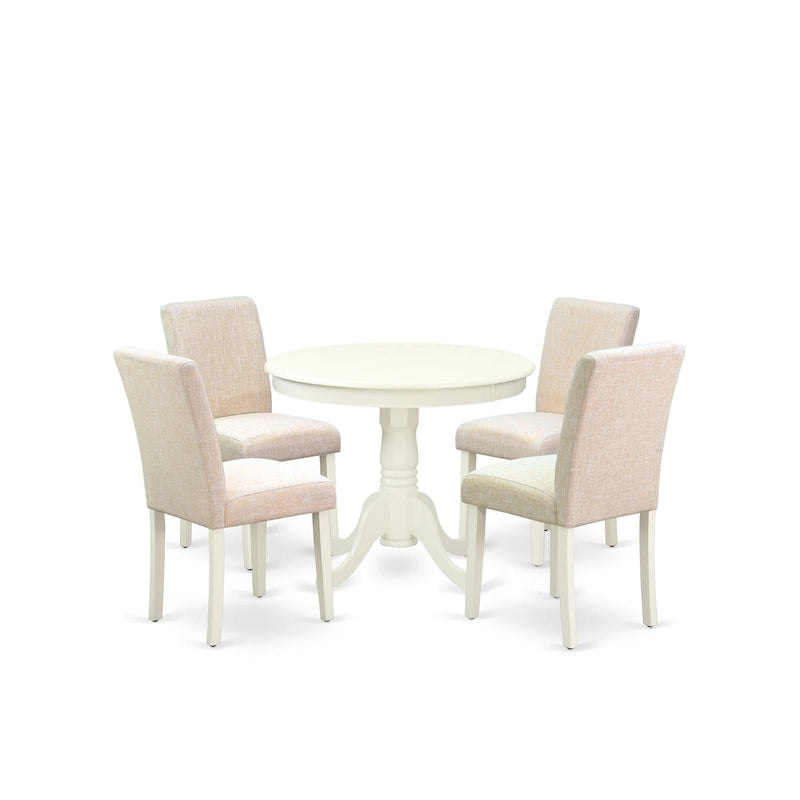 Table de salle à manger ronde et chaises de salle à manger en lin beige clair