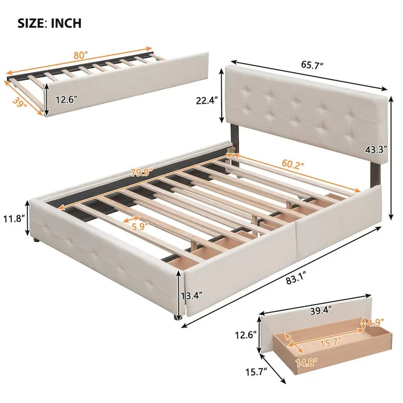 Cadre de lit plateforme king-size en lin
