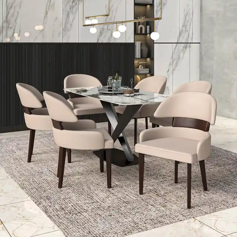 Chaise de salle à manger en cuir à dossier incurvé en bois d'hévéa
