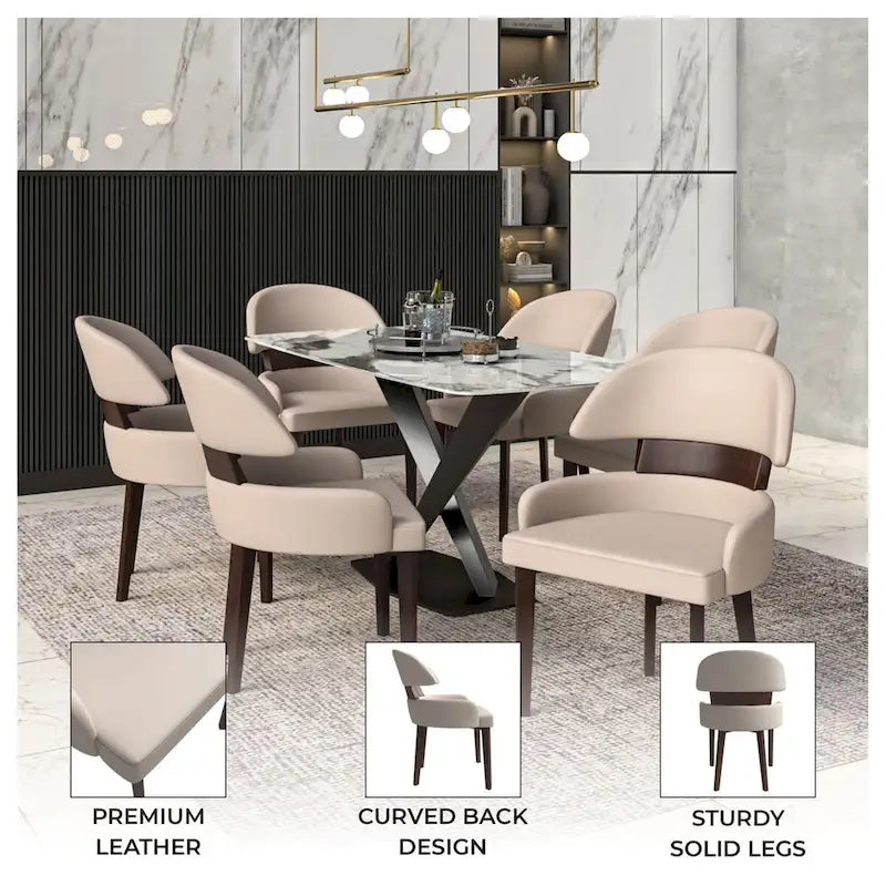 Chaise de salle à manger en cuir à dossier incurvé en bois d'hévéa
