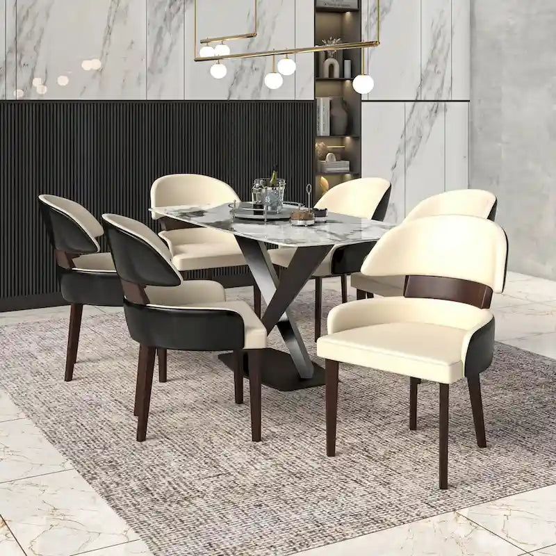 Chaise de salle à manger en cuir à dossier incurvé en bois d'hévéa