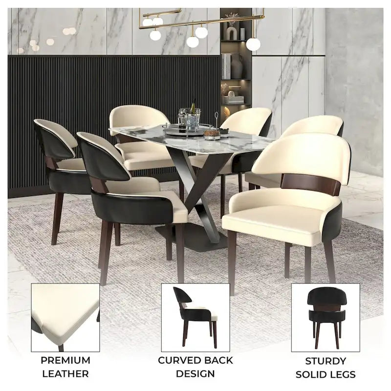 Chaise de salle à manger en cuir à dossier incurvé en bois d'hévéa